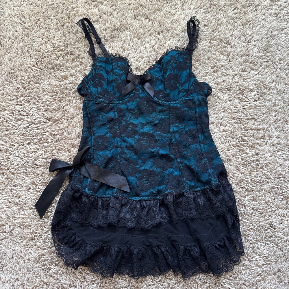 Rene Rofe Y2K Teal Blue Black Floral Lace Corset Chemise Lingerie Top Large